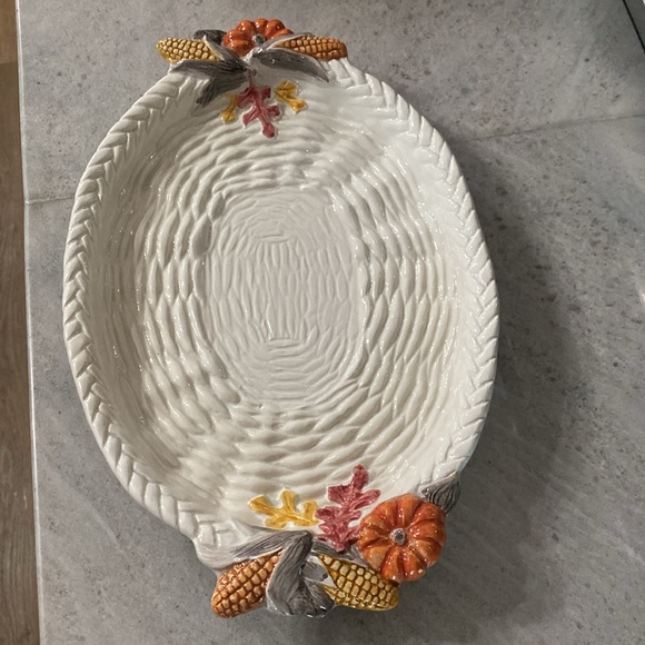 2 Vtg Fitz and Floyd Pilgrim's Progress Leaf Turkey Thanksgiving Serving Platter - Picture 8 of 16